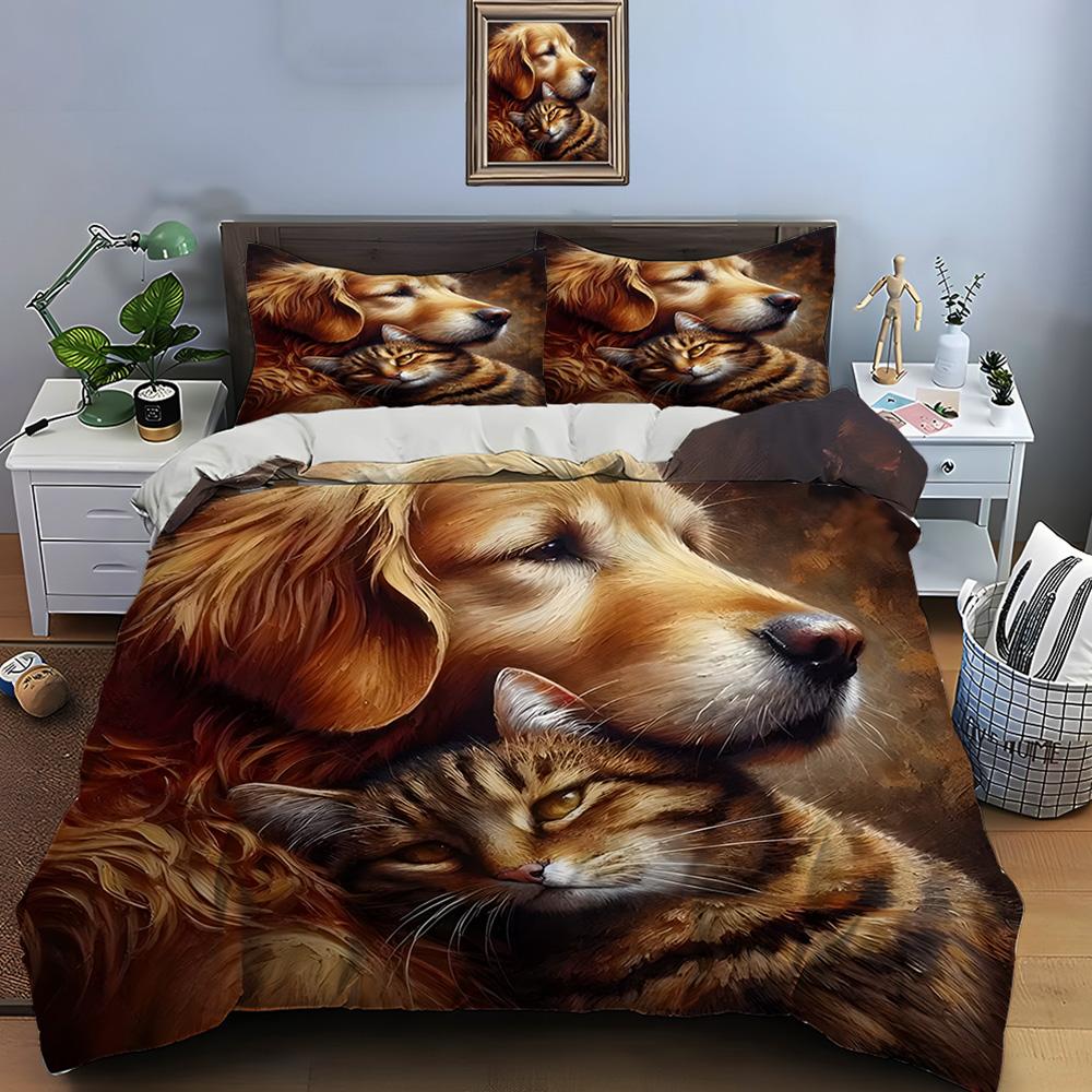 Warme Honden en Katten Knuffel Schilderij Print Zacht Comfortabel Dekbedovertrek Beddengoed Set Inclusief 1*Dekbedovertrek  2*Kussenslopen EU Twin 135X200cm&set
