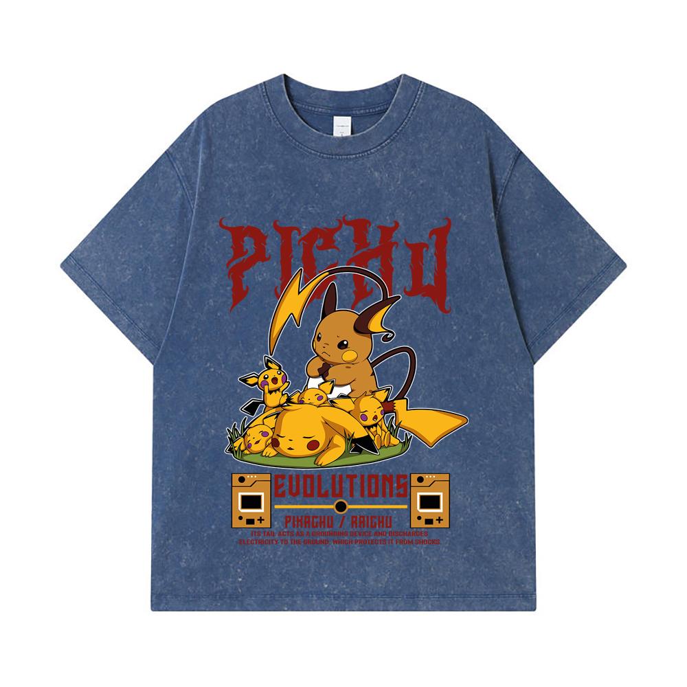

275 GSM Washed T-shirts 100% Cotton Pokemon V18 Pikachu Evolutions Print Unisex Heavy Cotton T Shirt 2XL королівський синій колір