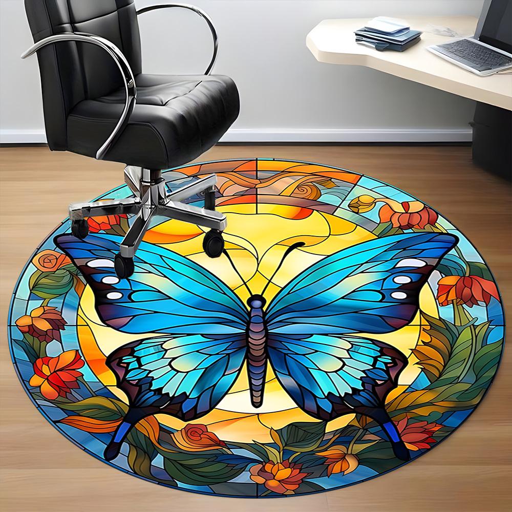 1pc Butterfly StainedGlass Office Round Area Rug, Indoor Mat Suitable ForOffice, Under Office Chairs Bedroom Living Room Home Decor, Room Deco D163