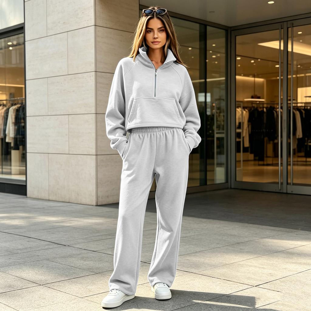 Women's Lined Half Zip Hoodie and Wide Leg Pants 2 Piece Sweatsuit for Fall Winter