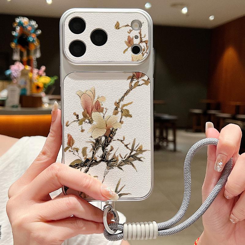 INS Floral Pattern Leather Lanyard Case For iPhone 18 Pro Max Hybrid TPU+PU Anti-skid Soft Cover For iPhone 17 16 15 14 13 Pro Max