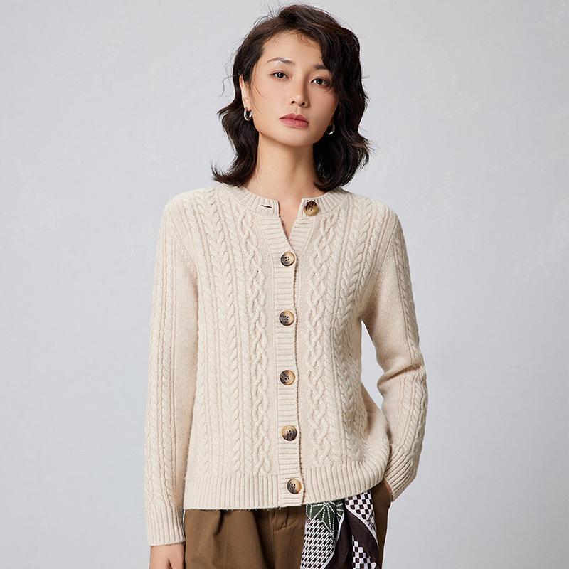 2025 Women's Pure Wool Cable Knit Cardigan - Autumn/Winter Korean Style, Round Neck, Solid Color
