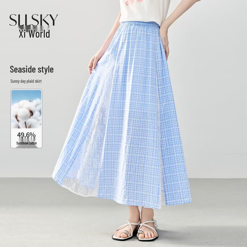 Women s Lace Patchwork Blue Plaid A-Line Midi Skirt 2XL
