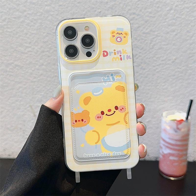 Cute Butter Bear iPhone Case: Fits 12 To 16 Pro Max, with Cartoon Design, Card Holder & Lanyard