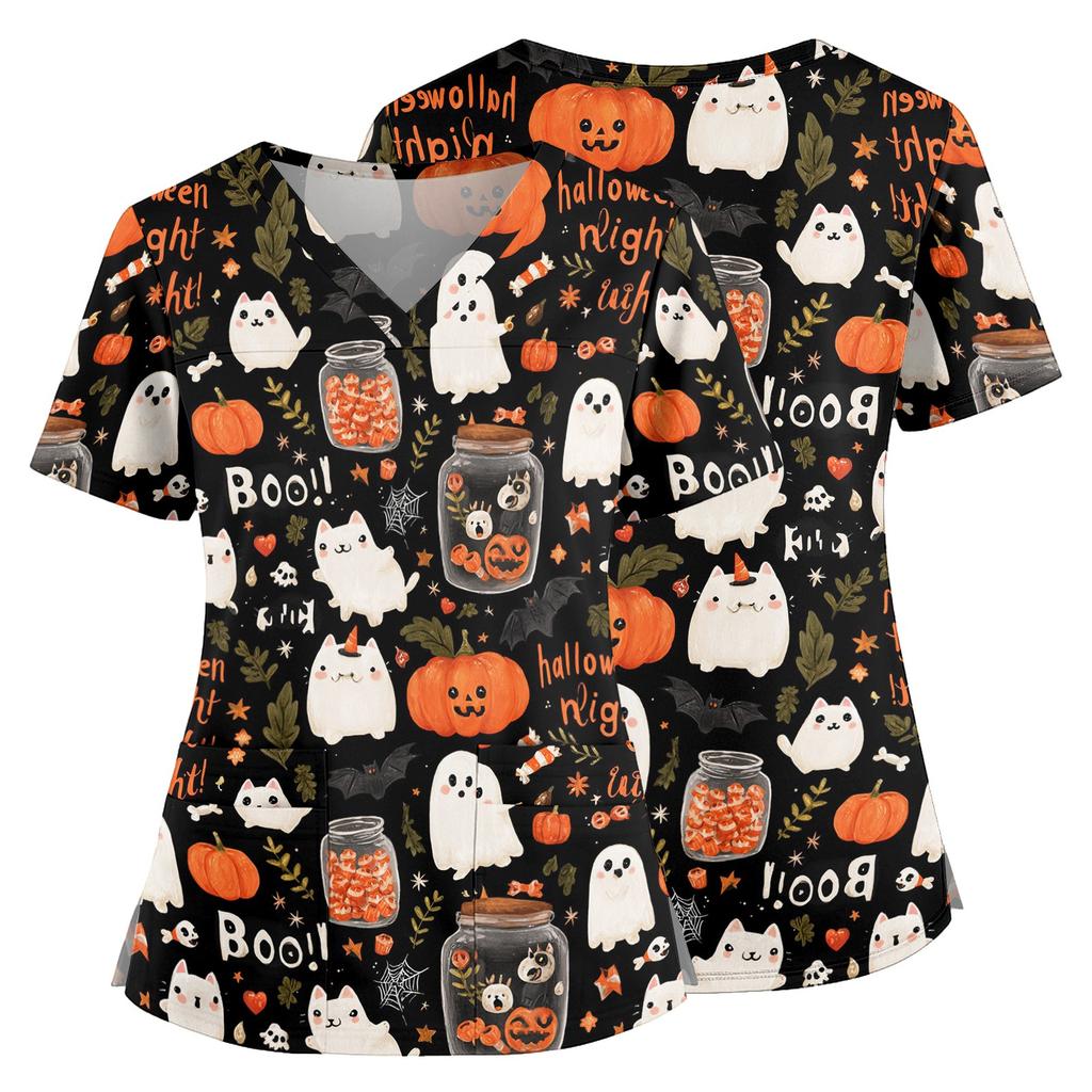 Women's Halloween Print V Neck Medical Scrub Top with Pockets Side Slit Short Sleeve Nurse Uniform Shirt for Healthcare Professionals
