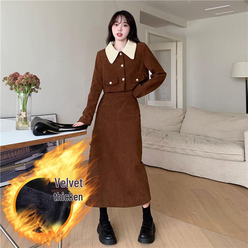 French Chic Corduroy Two-Piece Set: Doll Collar Jacket & Mid-Length Skirt for Autumn/Winter