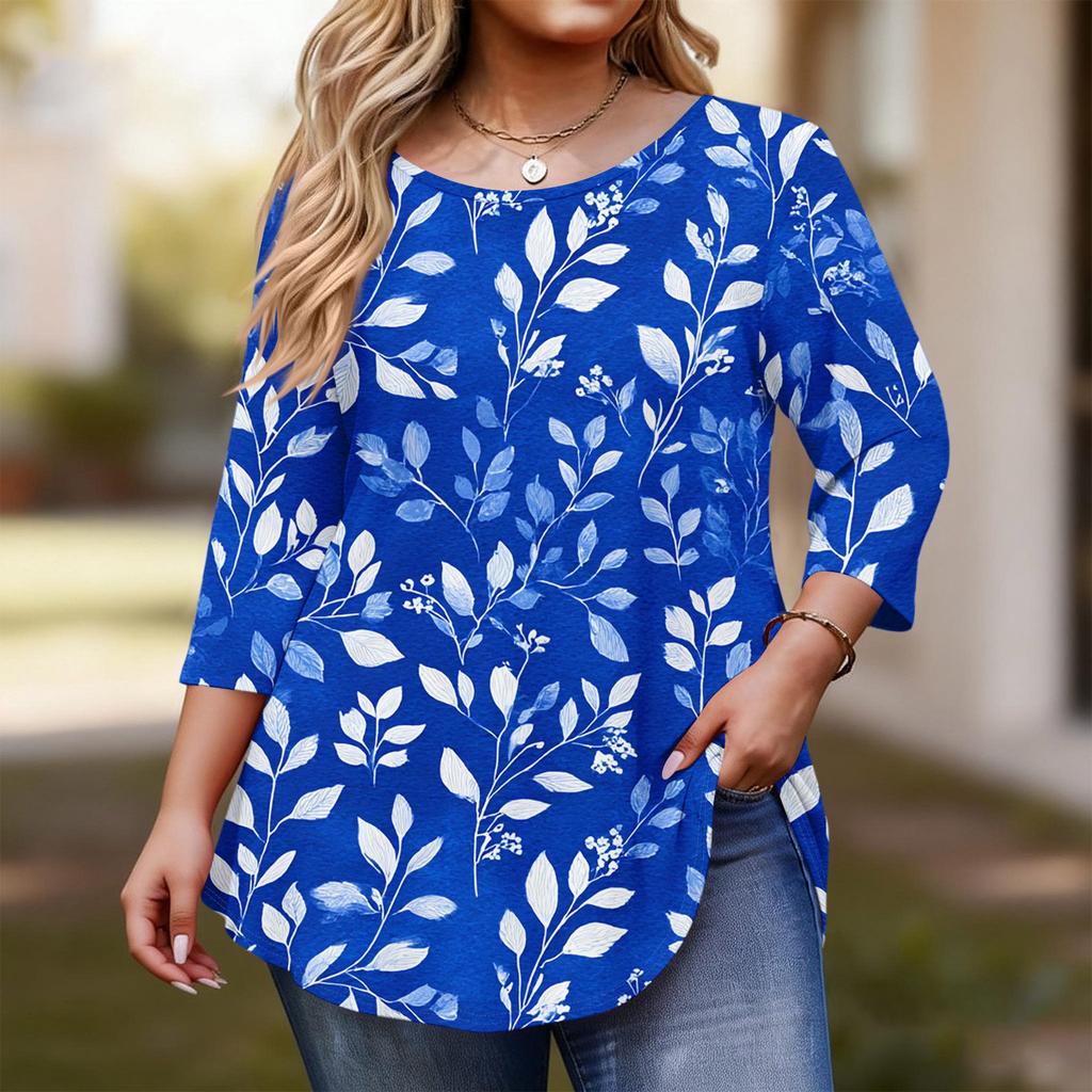 Women's Fashionable Casual Floral Print Plus Size Three-Quarter Sleeve Round Neck Top With Curved.