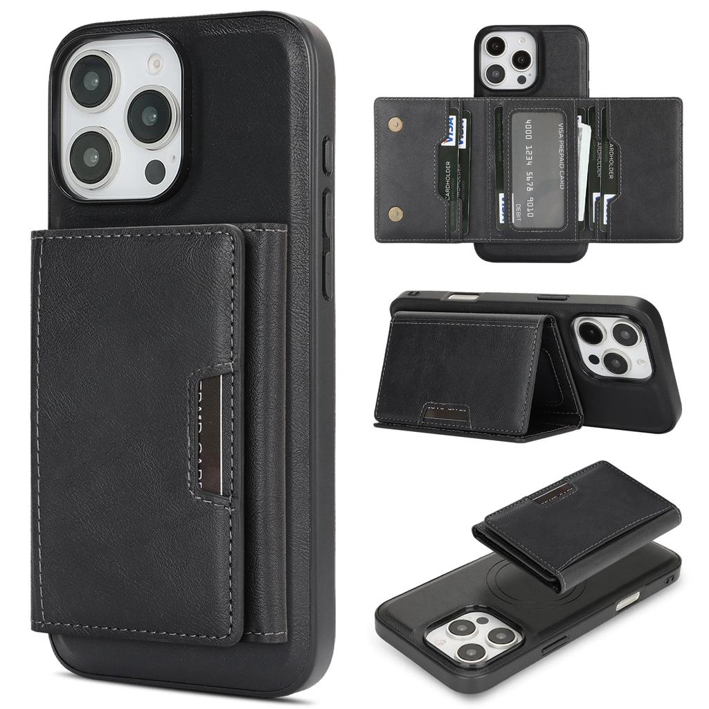 For iPhone 14 Pro Kickstand Case Tri-fold Card Bag PU Leather Coated TPU Cover Compatible with MagSafe