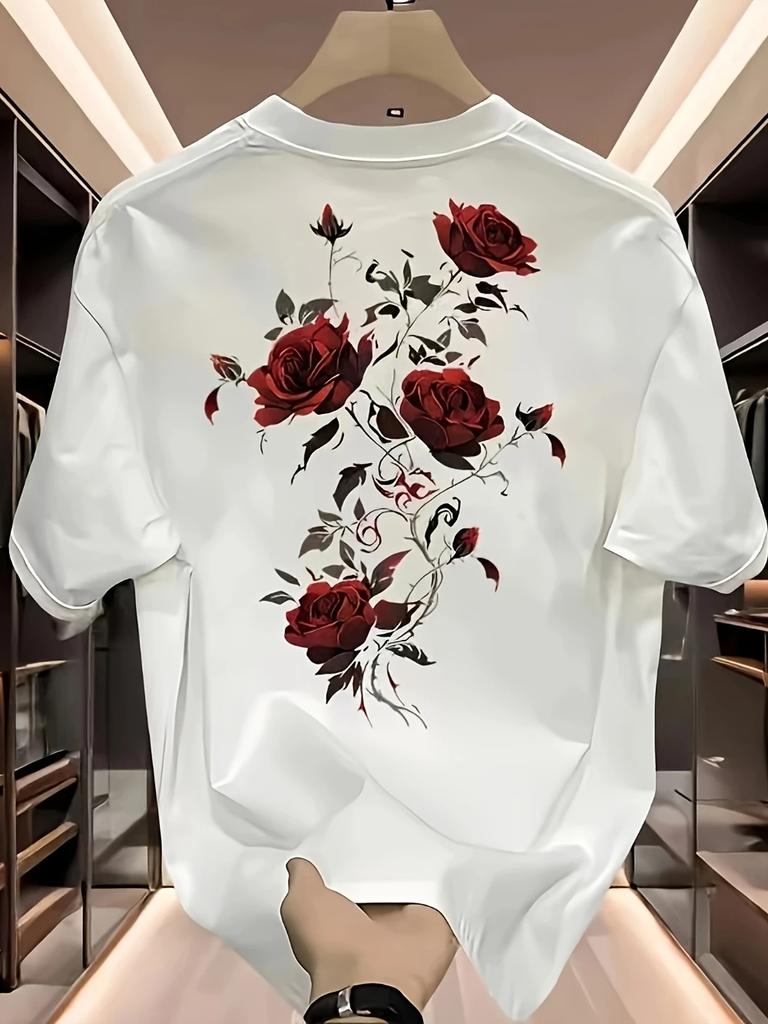 2026 New Summer Unisexs Tshirt 100 Pure Cotton Printed Red Rose Pattern Versatile Loosefit Trendy Highquality Tee