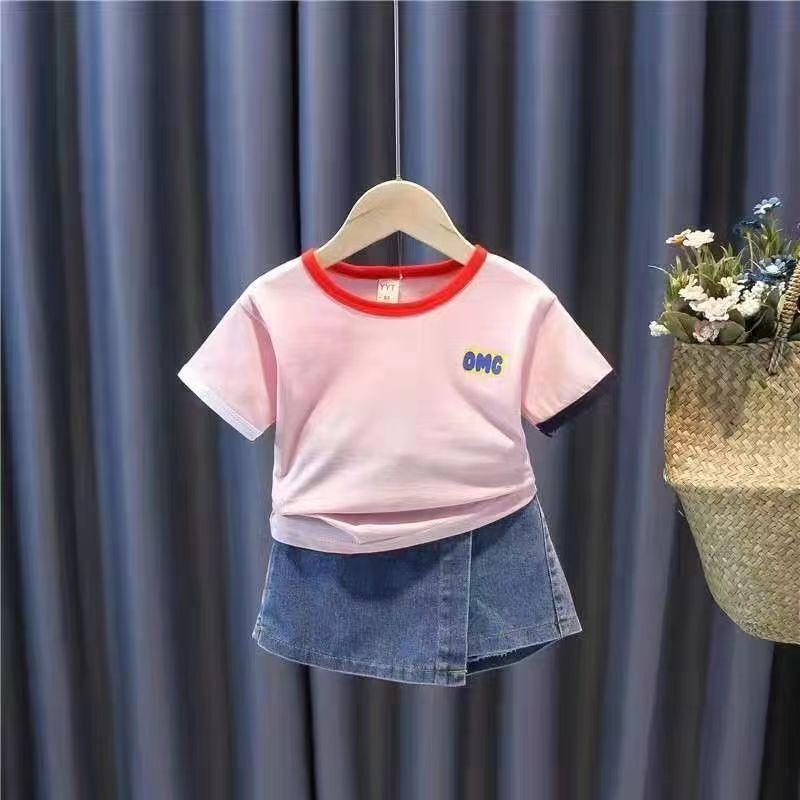 Girls Spring Summer Fashion Denim Skort Set Short Sleeve Top Kids Chic Casual Two Piece Outfit For Baby Toddler