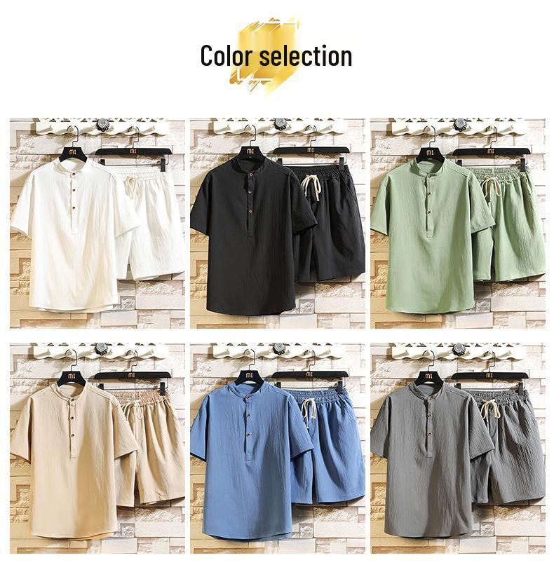 Men's Stand Collar Retro Short Sleeve T-shirt & Shorts Set, Solid Color National Style, 2022.