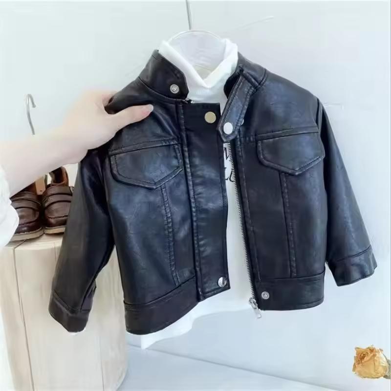

Spring Autumn Boys Leather Jackets For 2-8 Years New Classics Handsome Baby Girls Pu Outerwear Kids Clothing Zipper Fly Coats 140