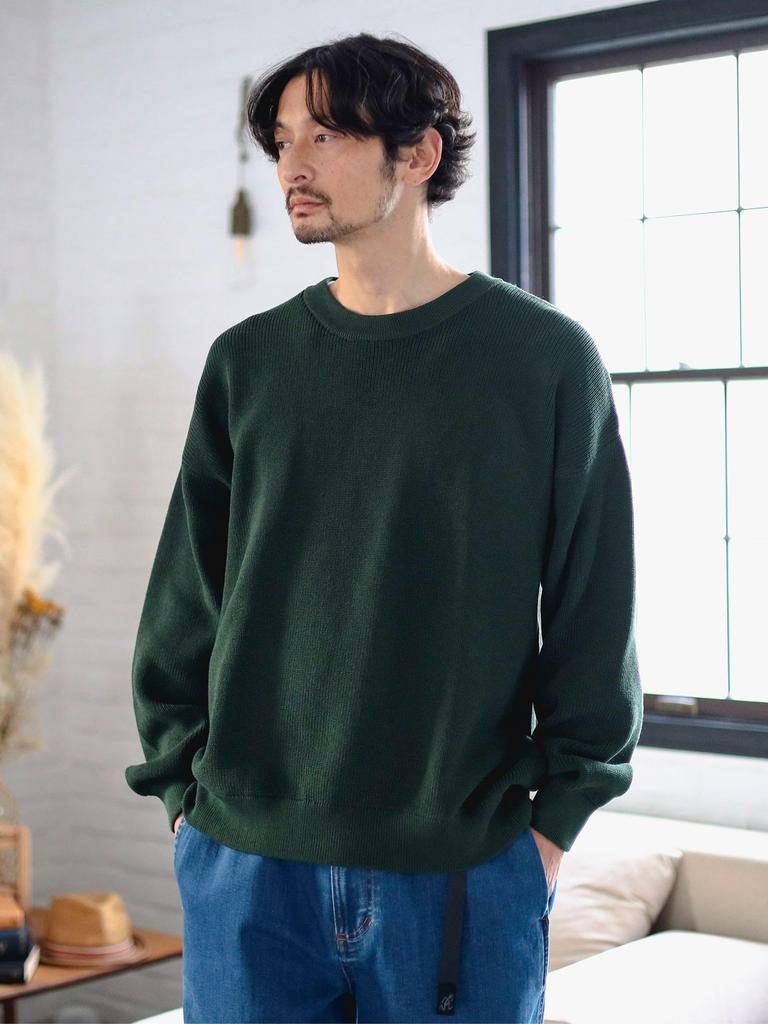 B:MING LIFE STORE by BEAMS Men's 12-Gauge Long Sleeve Crew Neck Knit, Single Rib, Wide Fit, Green, Size S_92150361286