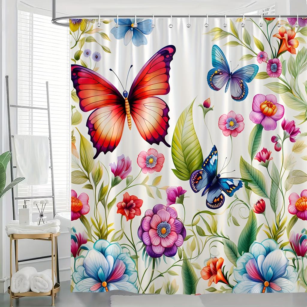 Butterflies And Wildflowers Shower Curtain - Water-Resistant, Easy To Clean, Adds A Nature-Inspired And Colorful Touch To Your