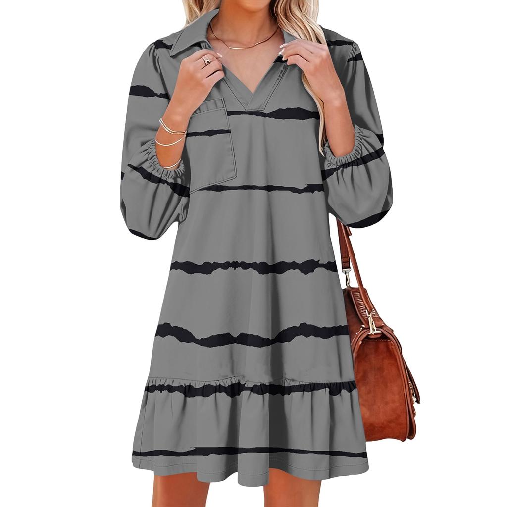 Damenmode Elegant Herbst Und Winter Langarm V-Ausschnitt Weihnachtsprint Kleid