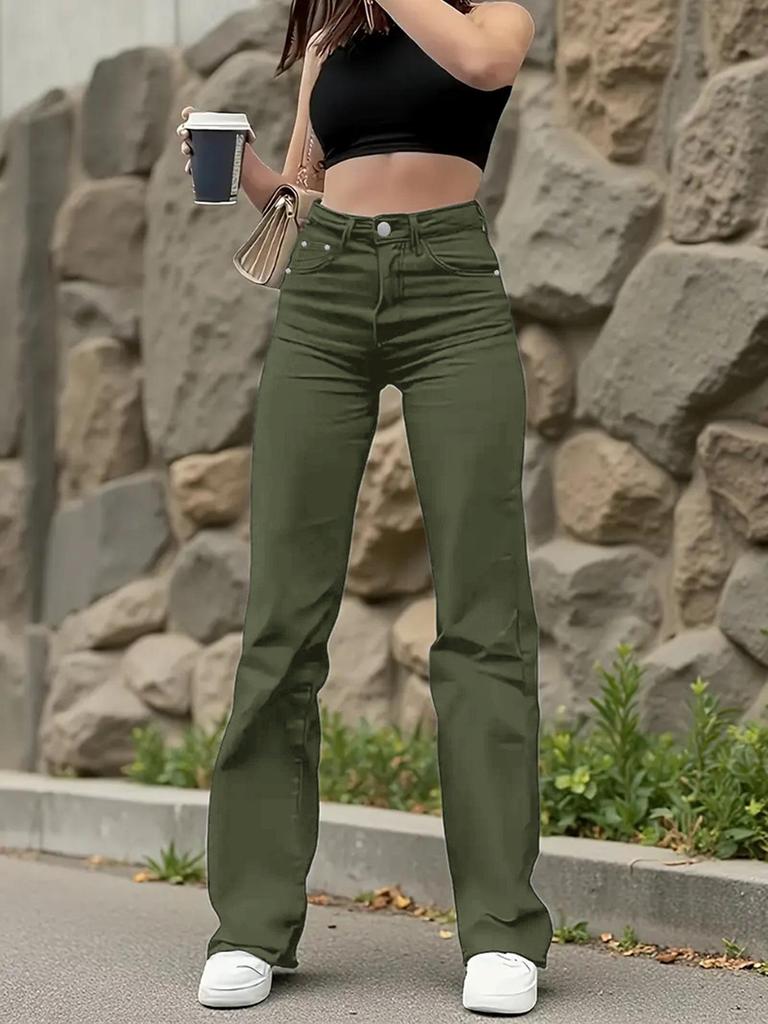 Army Green Elastic Denim Straight Leg Pants - Super Soft Fabric
