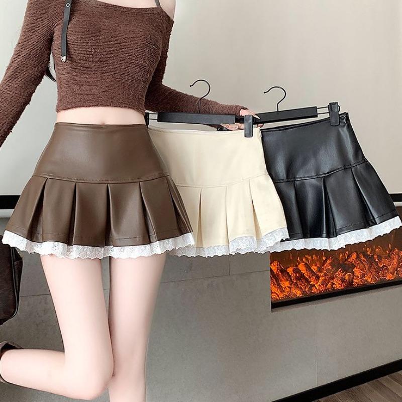 Hot Girl Leather Pleated Lace Skirt Autumn and Winter High Waist Versatile Hip-covering A-line Skirt Pants