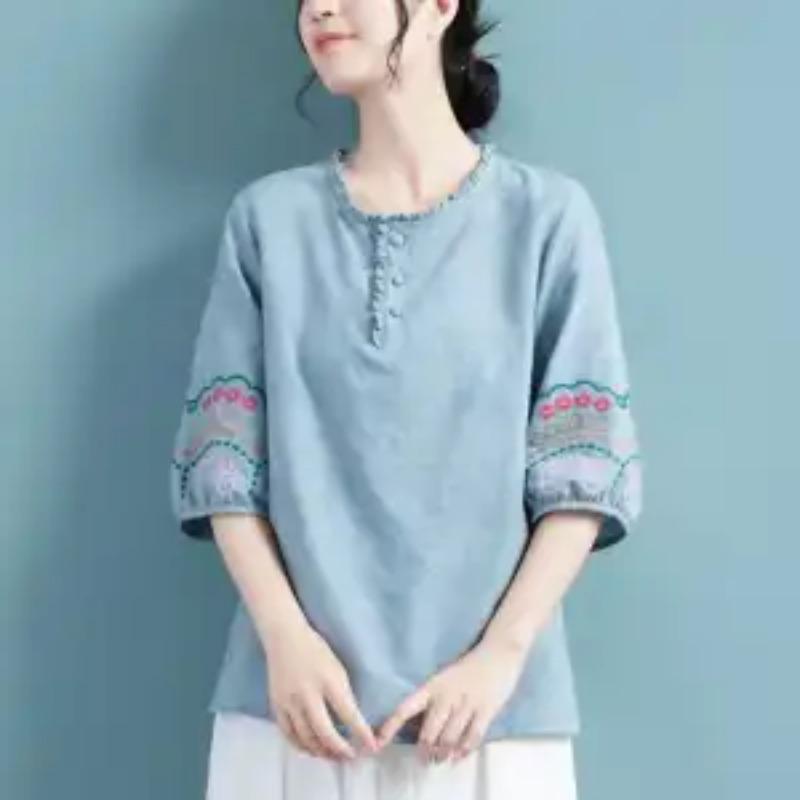 Women's Purple Embroidered Half Sleeve Blouse Ruffle Neck Casual Cotton Top