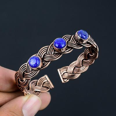 Pietra Preziosa Lapislazzuli Fatto a Mano Filo di Rame Puro Avvolto Gioiello Bracciale Regolabile Per Lei
