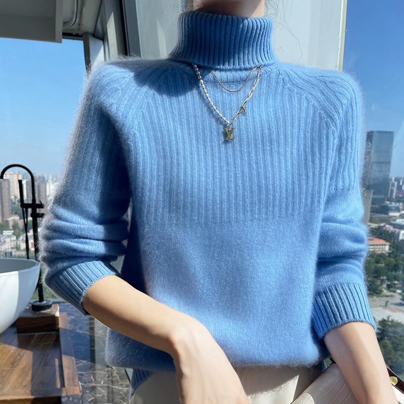 

Осень и зима новый базовый вязаный свободный свитер универсальный водолазка утолщенный пуловер резинка полоска нижняя рубашка женская One Size небесно-голубой