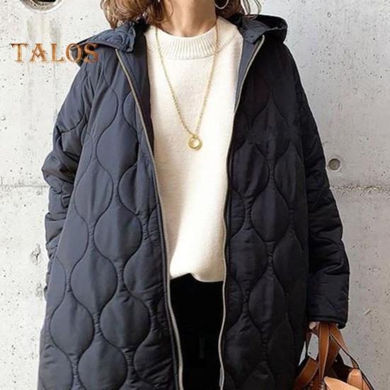 Fall Winter Women Jacket Hooded Zip-up Rhombus Texture Thin Padded Long Sleeves Mid Length Loose Work School Daily Coat
