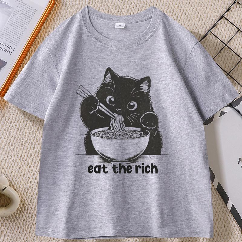 Eat The Rich T-Shirt Lustige Katze RaUnisex T-Shirt Unisex Damen Lässiges Kurzarm-T-Shirt Weiche Fitness Sommerkleidung Streetwear