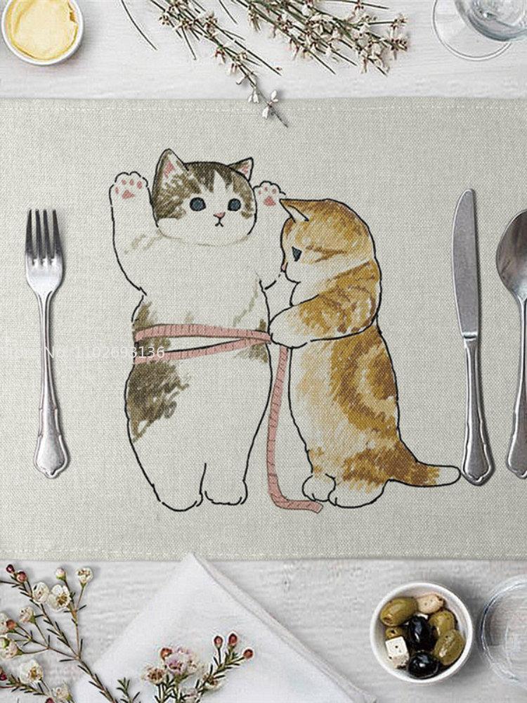 Placemat For Dining Table Cute Cat Cartoon Animal Mat Coaster Creative Printed Heat-resistant Kitchen Dining Accessories Hot Pad
