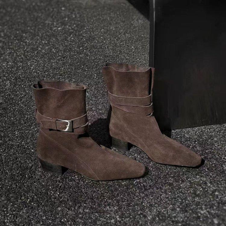 

[Cowhide] Cowhide/3.5cm retro sleeve two-wear square head short boots women s belt buckle thick heel bundle fashion boots 40 коричневый