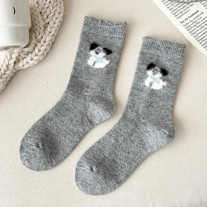 Wool Socks - Women's Warm and Thick Mid-calf Socks with Cartoon Dog and Bow Tie Design, In Gray Color, Suitable for All Occasions and Versatile.
