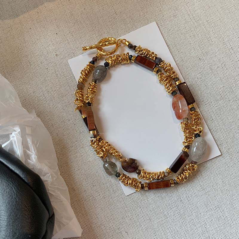Natural Brown Stone Necklaces for Women Vintage Gold Metal Irregular Handmade Bead Choker Necklaces Jewelry Gifts