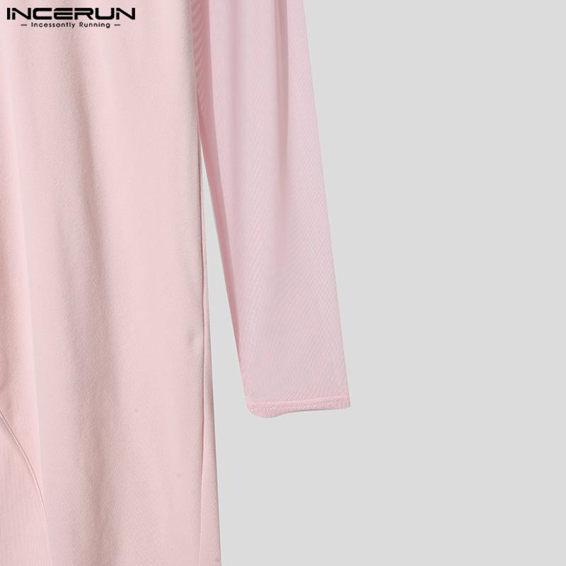 INCERUN Podzimní pánské rolákové topy s dlouhým rukávem, síťovanou patchworkovou aplikací, dlouhá tuniková trička