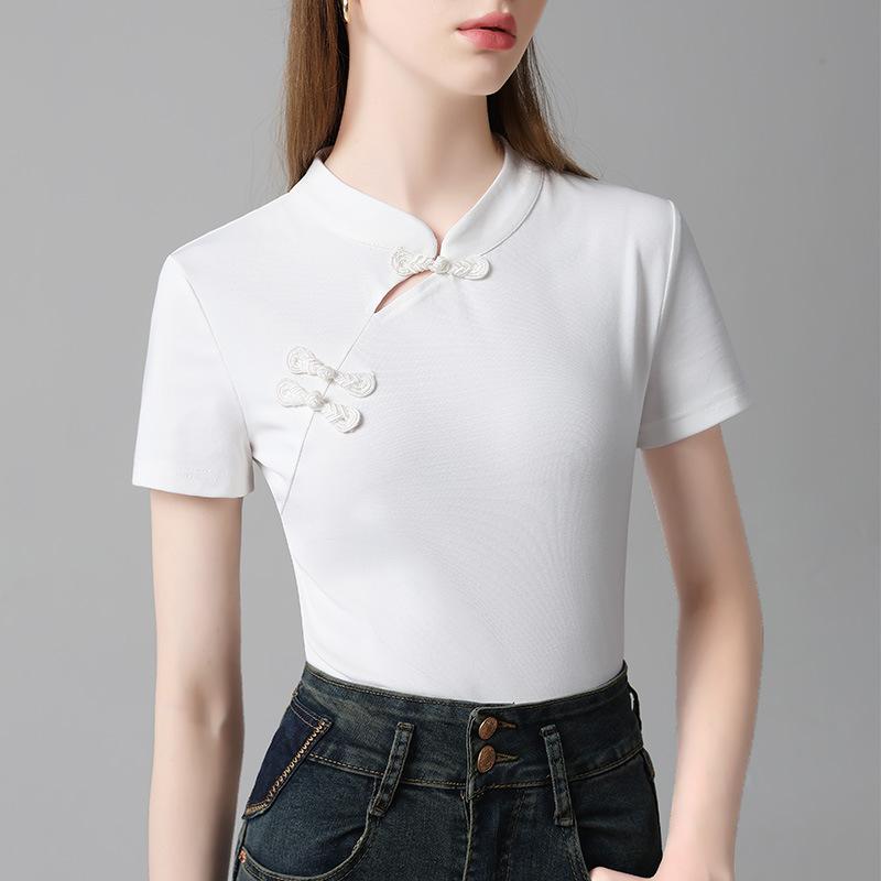 Top cu guler cheongsam cu plăcuță înclinată în stil chinezesc Nou îmbrăcăminte nouă pentru femei, tricou cu mânecă scurtă cu guler în picioare în stil chinezesc pentru femei