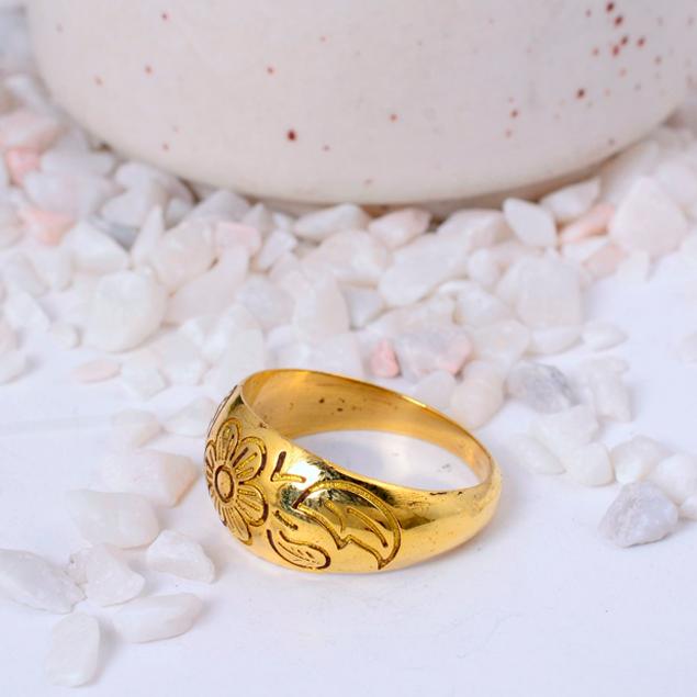 Engraved Gold Plated Dome Ring | Intricate Floral Band Ring | Vintage Style Brass Statement Jewelry for Women