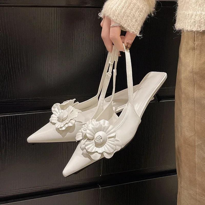 Fashion 2025Sexy Flower Pointed Toe Thin Low Heels Women Pumps Elegant Wedding Slingback Shoes Mules Zapatos De Mujer