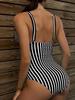 Sweet Striped V-Neck Backless One-Piece Swimsuit by Xingcheng