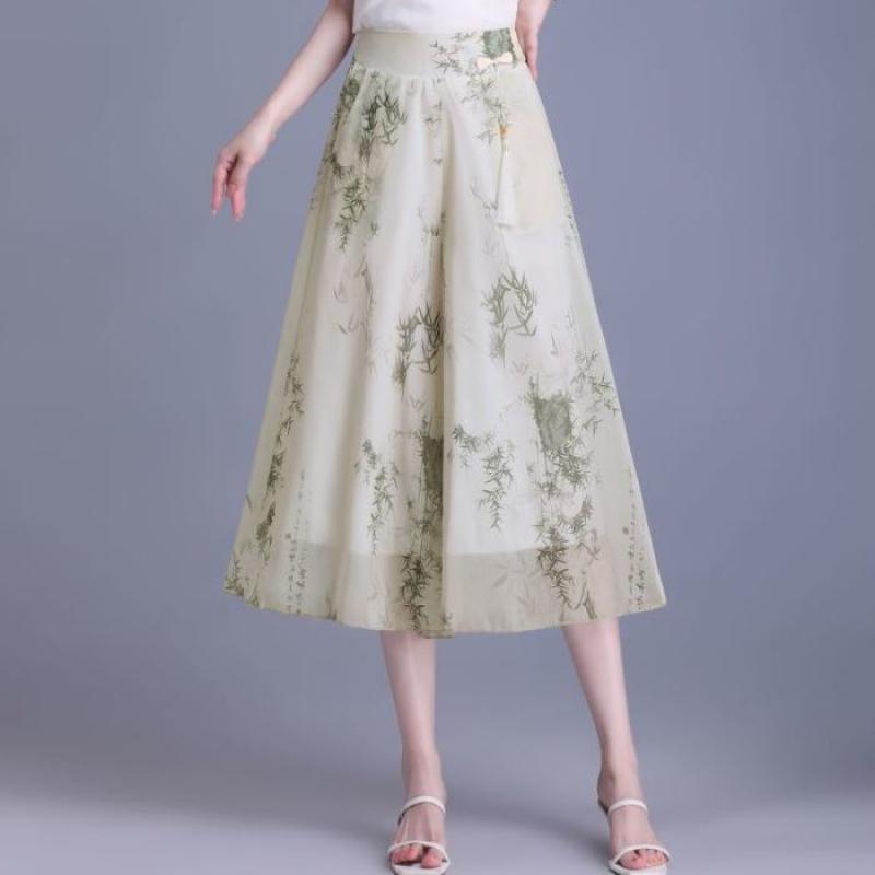 

Thin Printed Chinese Style Seven Quarter Pants Casual High Waist Slim Fit Silk Wide Leg Pants Skirt M жёлтый