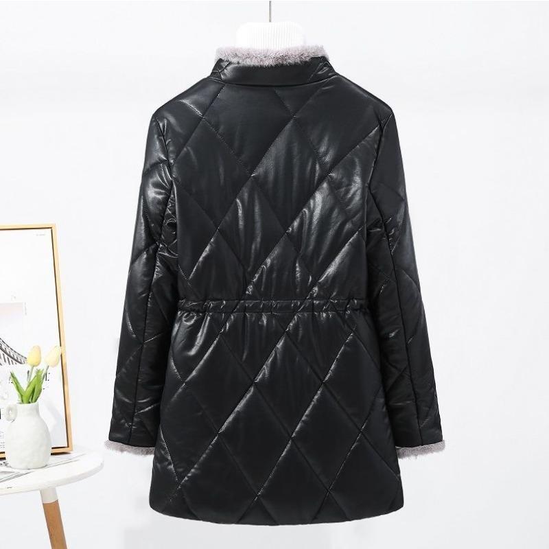Women Winter Medium Long Stitching Leather Coat Stand-up Imitation Mink Fur Collar Cotton-Padded Jacket Temperament Warm Overcoat