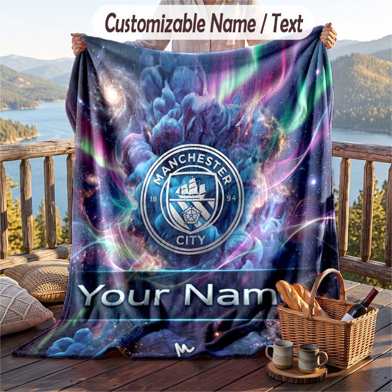 Flannel Blanket Manchester City Print Custom Name Text Soft Throw for Sofa Bed