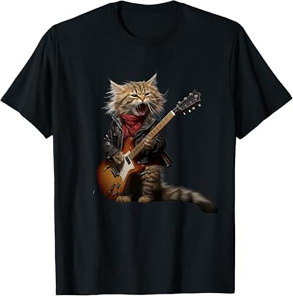 Rock Cat Playing Guitar - Funny Guitar Cat T-Shirt, Black XXL