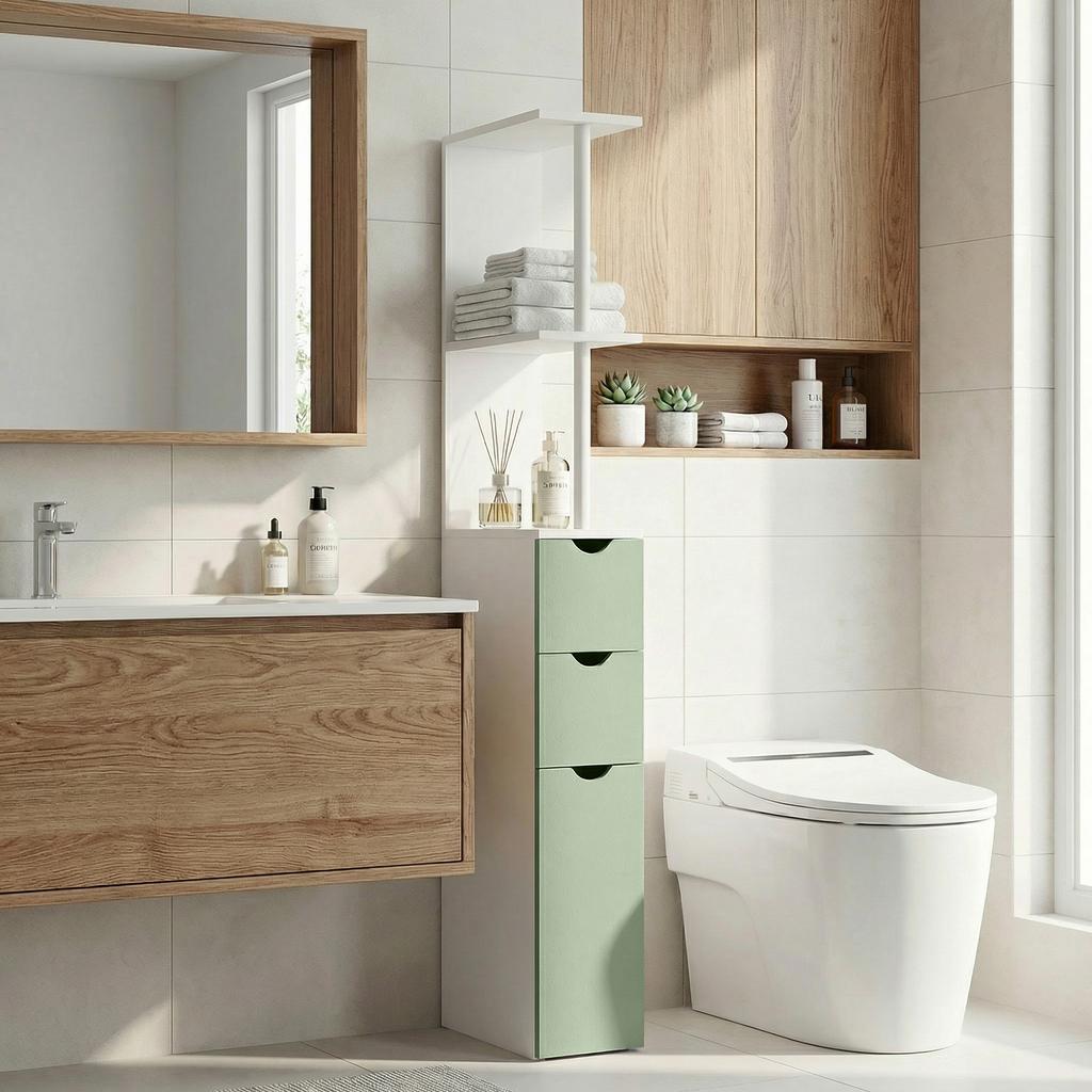 Slim Bathroom Storage Cabinet, Tall Bathroom Floor Cabinet with 2-Tier Shelf and 2 Drawers, White and Light Green