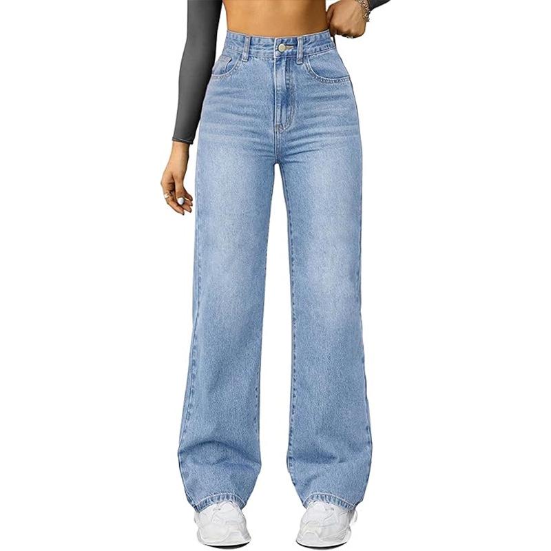 

Women s High-Waisted Retro Straight-Leg Jeans - Slimming Loose Fit, Petite Floor-Length 2XL светло-синий