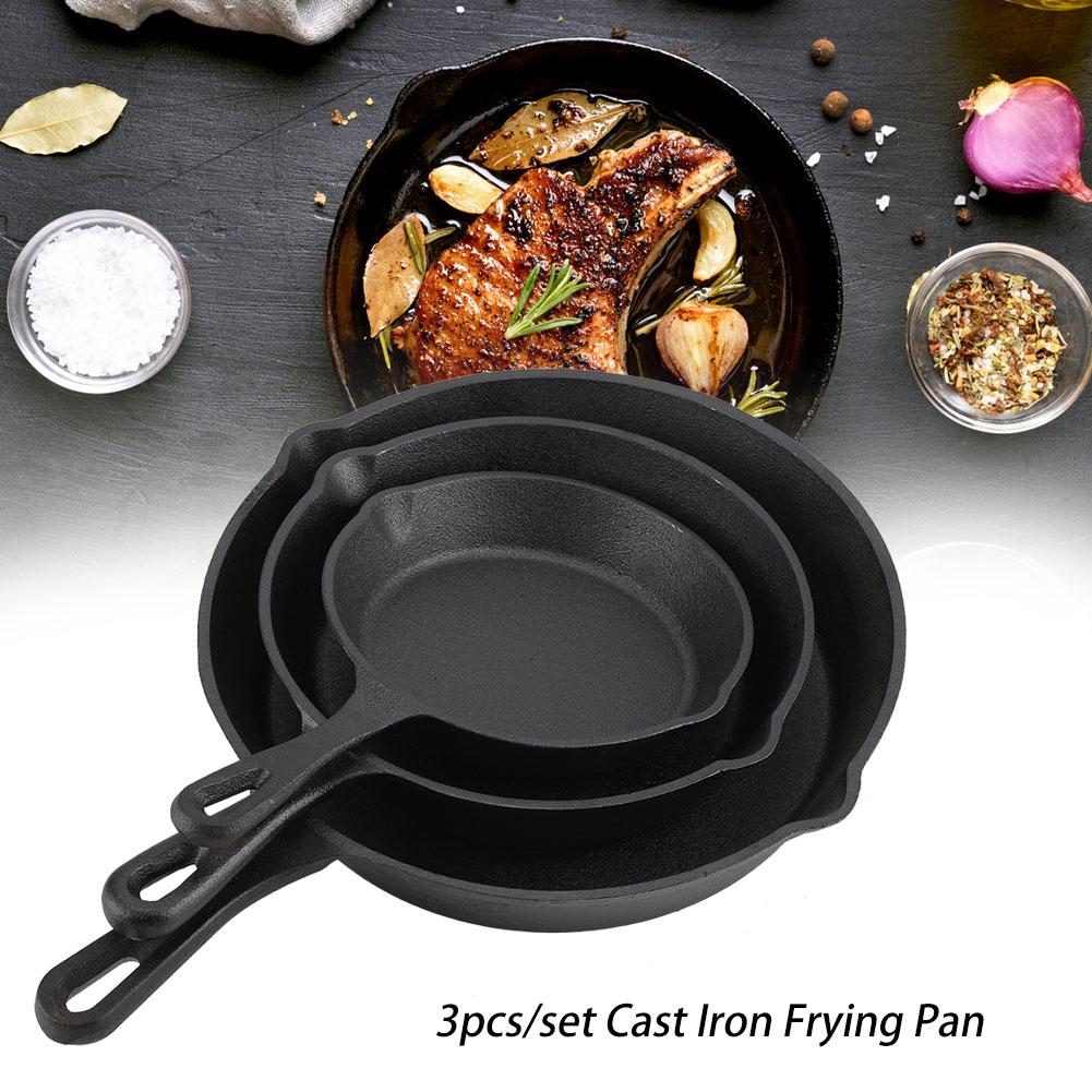 3pcs/Set 16cm 20cm 25cm Cast Iron Frying Pans Cookware Pots Household Kitchen Cooking Tool