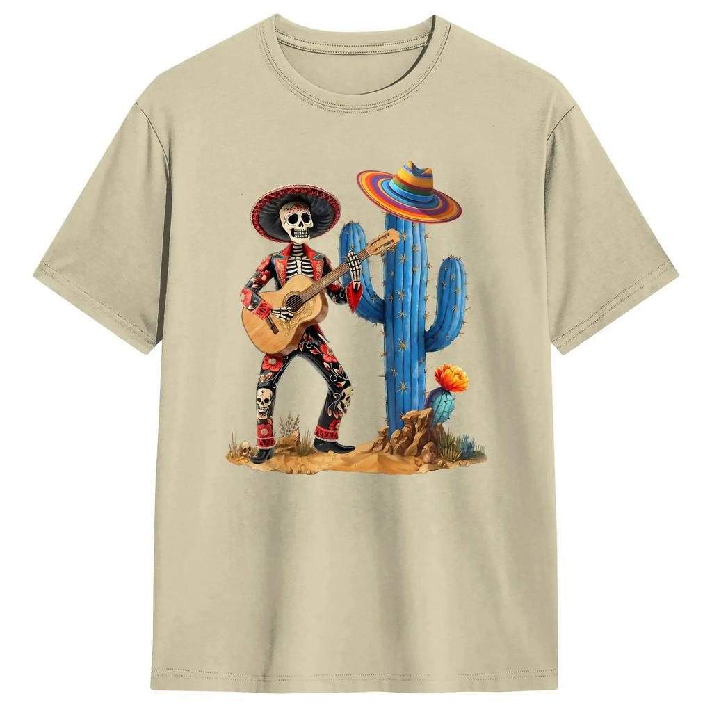 Skeleton Cinco De Mayo Mariachi Fiesta Cactus Guitar Unisex T Shirts Hipster Tees Short Sleeve Round Collar TShirts 6XL Clothes