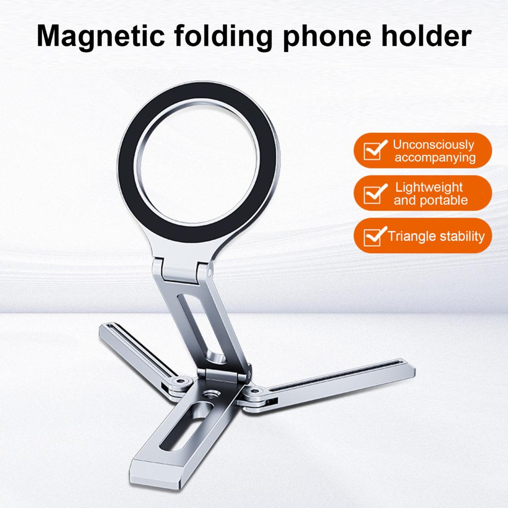 Magnetic Phone Stand Aluminum Alloy Desk Holder for Cell Phone Video Recording Travel Portable Foldable Tripod Adjustable Angle Phone Mount