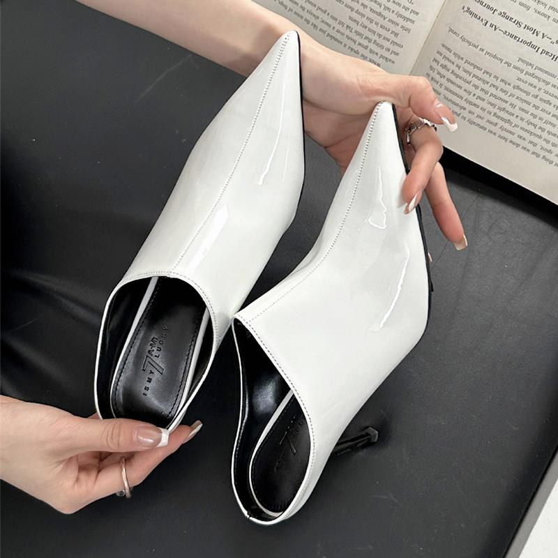Fashion Sexy Pointy Toe Patent Leather Slippers Women 2025 Summer Elegant Thin High Heels Luxury Mules Slides Sandals Party Dress Shoes