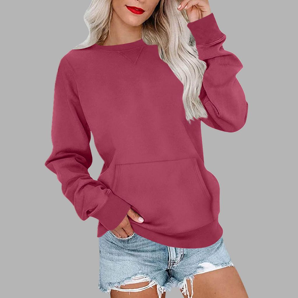 Ladies' Casual And Fashionable Pocket Solid Color Round Neck Long Sleeved Sweatshirt