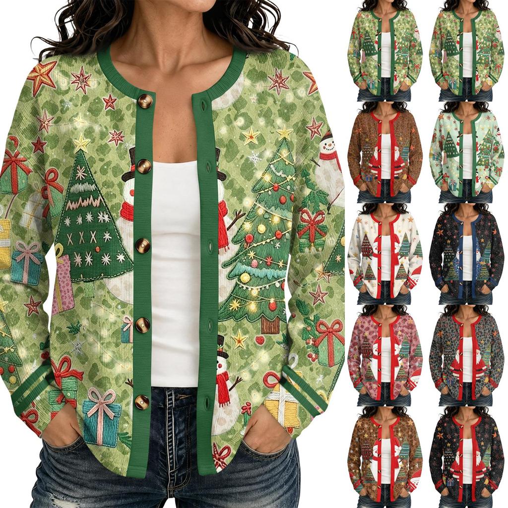 Women's Christmas Print Cardigan Long Sleeve Open Front Jacket for Holiday Party and Everyday Wear