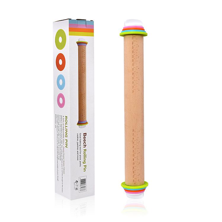 Adjustable Beech Wood Rolling Pin with Thickness Scale – Non-Stick Dough Kneading Baking Tool