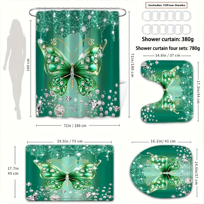 4Pcs Bathroom Shower Curtain Set Butterfly   Bathroom Curtain With 12 Hooks Non Slip Rugs Toilet Cover Mat Bathroom Partition