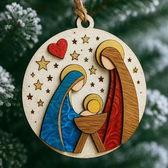 Nativity Scene Ornaments The Birth of Jesus Christian Ornament Round Wooden Religious Christmas Hanging Ornament for Xmas Tree Home Decor
